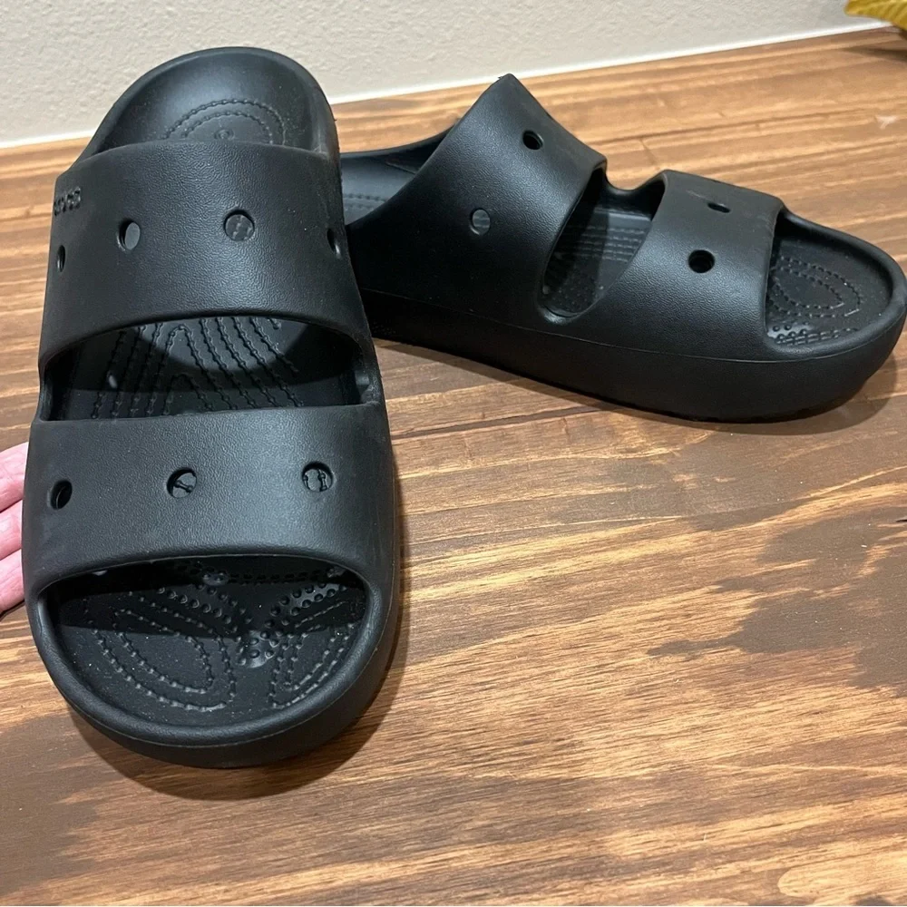 CROCS Classic Logo Women 9 / Men 7 Black Double Straps Slides Sandals NWOT - Picture 5 of 8